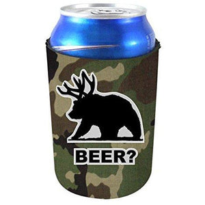 camo can koozie with "beer?" text and bear silhouette with antlers design