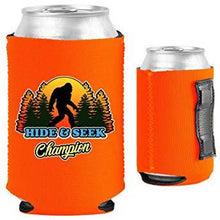 Load image into Gallery viewer, orange magnetic can koozie with bigfoot hide and seek champion funny design
