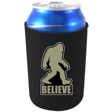 Load image into Gallery viewer, black can koozie with bigfoot believe funny design
