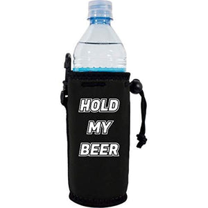 black  water bottle koozie with "hold my beer" funny text design