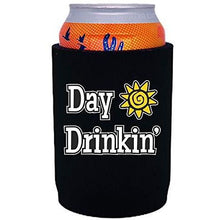 Load image into Gallery viewer, black thick neoprene koozie with “day drinkin” funny text design
