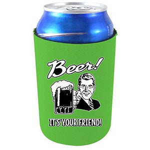 neon green can koozie with "beer, it's your friend" text and 50's retro guy holding beer mug design