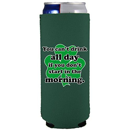 slim can koozie with drink all day design