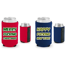 Load image into Gallery viewer, navy and red magnetic can koozies with merry fucking christmas and happy fucking new year text designs
