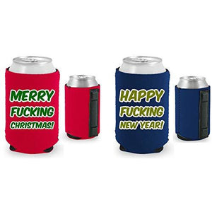 navy and red magnetic can koozies with merry fucking christmas and happy fucking new year text designs