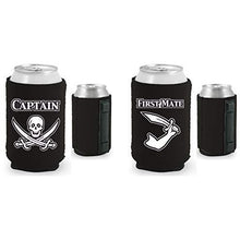 Load image into Gallery viewer, black magnetic can koozies with captain and first mate designs
