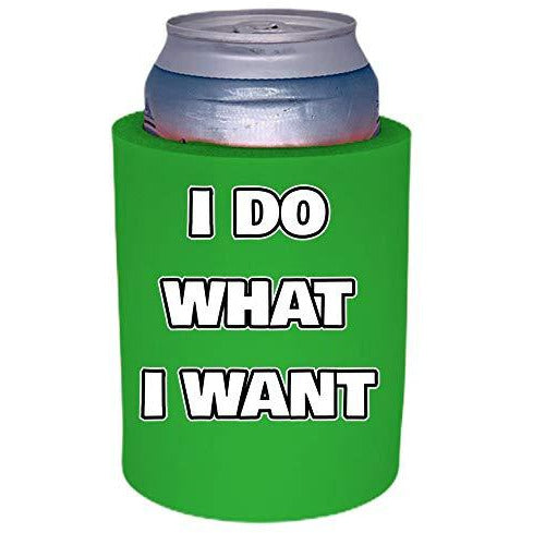 bright green old school thick foam koozie with i do want i want design 