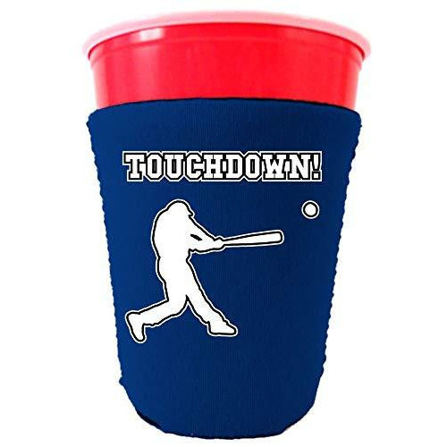 royal blue party cup koozie with touchdown design 