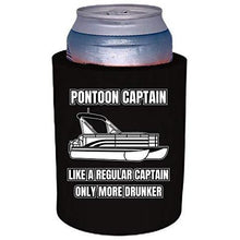 Load image into Gallery viewer, black thick foam old school koozie with &quot;pontoon captain, like a regular captain only more drunker&quot; funny text design
