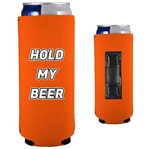 orange magnetic slim can koozie with funny hold my beer text design