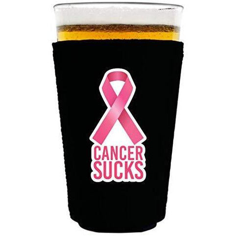 black pint glass koozie with cancer sucks text and pink ribbon graphic