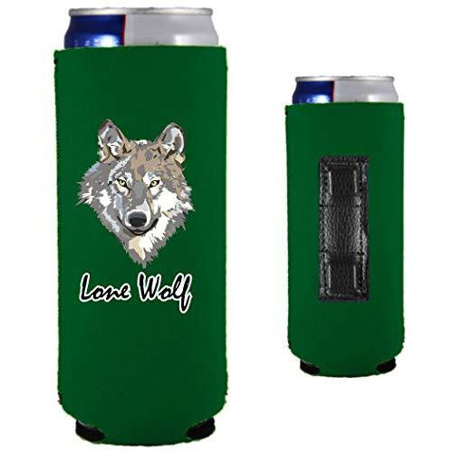 green magnetic slim can koozie with lone wolf design