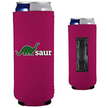 Load image into Gallery viewer, magenta magnetic slim can koozie with dino-saur funny design

