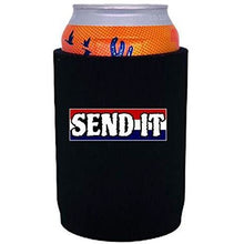 Load image into Gallery viewer, Black thick neoprene can koozie with “send it” text with red white and blue background design
