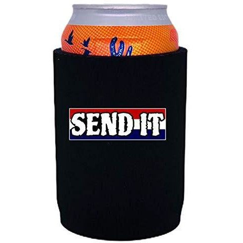 Black thick neoprene can koozie with “send it” text with red white and blue background design