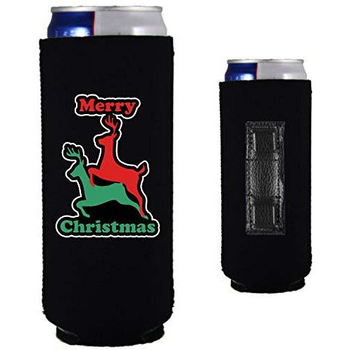 black magnetic slim can koozie with reindeer humping merry christmas design