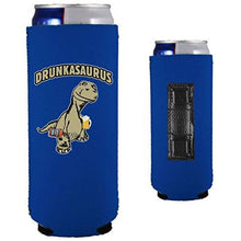 Load image into Gallery viewer, royal blue magnetic slim can koozie with drunkasaurus funny design
