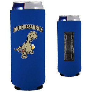 royal blue magnetic slim can koozie with drunkasaurus funny design