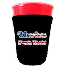 Load image into Gallery viewer, black party cup koozie with merica fuck yeah design 
