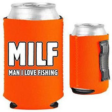 Load image into Gallery viewer, orange magnetic can koozie with MILF man i love fishing funny text design

