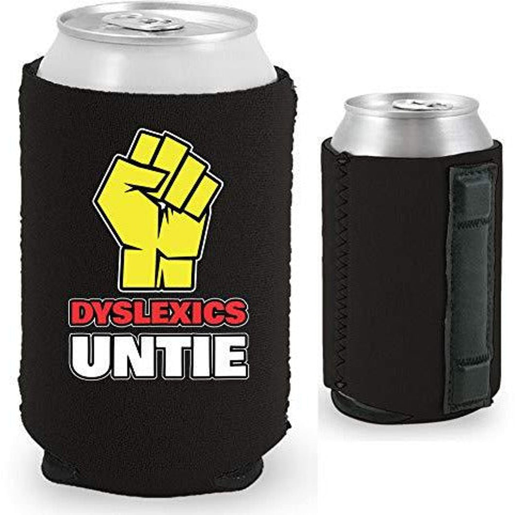 black magnetic can koozie with dyslexics untie funny design and fist graphic
