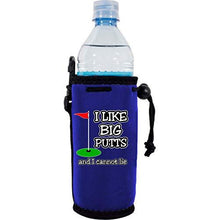 Load image into Gallery viewer, royal blue water bottle koozie with &quot;i like big putts and i cannot lie&quot; text and golf flag/hole design
