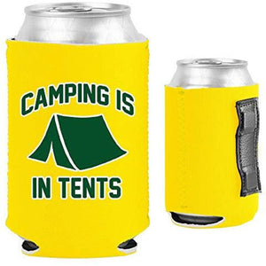 yellow magnetic can koozie with funny camping is in tents design