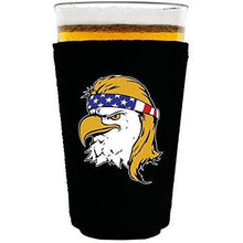 Load image into Gallery viewer, black pint glass koozie with bald eagle with mullet hair funny design
