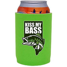Load image into Gallery viewer, neon green full bottom can koozie with &quot;kiss my bass&quot; funny text and bass fish graphic
