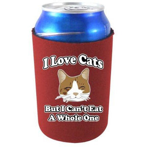 burgundy can koozie with "i love cats but i can't eat a whole one" funny text and cat face illustration design