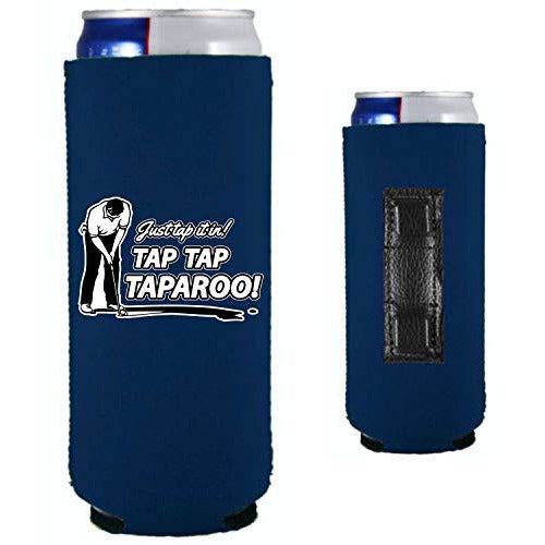 navy blue magnetic slim can koozie with just tap it in taparoo funny golf design