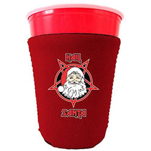 Load image into Gallery viewer, red party cup koozie with hail santa design 
