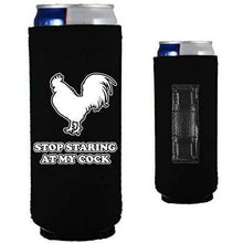 Load image into Gallery viewer, Black slim can koozie with stop staring at my cock design
