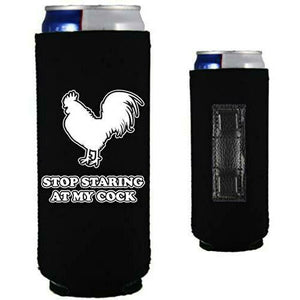 Black slim can koozie with stop staring at my cock design