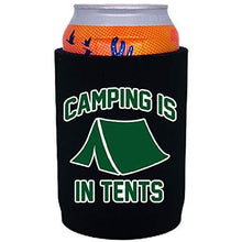 Load image into Gallery viewer, full bottom can koozie with camping is in tents design
