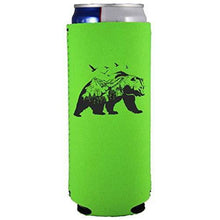 Load image into Gallery viewer, bright green slim can koozie with mountain bear graphic design
