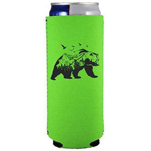 bright green slim can koozie with mountain bear graphic design