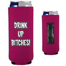 Load image into Gallery viewer, magenta magnetic slim can koozie with drink up bitches funny text design
