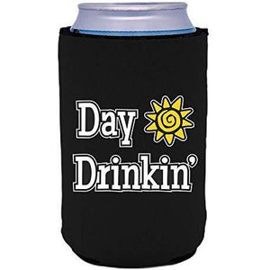 black can koozie with “day drinkin” funny text design