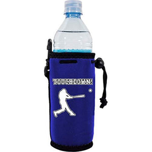 royal blue water bottle koozie with funny "touchdown" text and baseball player hitting ball graphic design