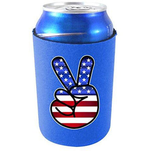 royal blue can koozie with america peace sign hand design