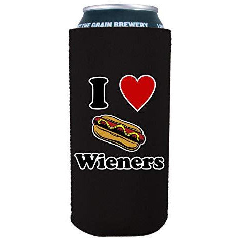 black 16 oz can koozie with i love wieners design 