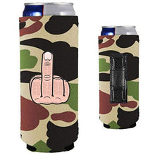 Load image into Gallery viewer, camo magnetic slim can koozie with middle finger design
