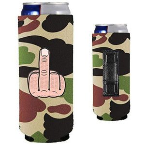 camo magnetic slim can koozie with middle finger design