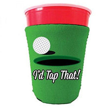 Load image into Gallery viewer, bright green party cup koozie with id tap that design 
