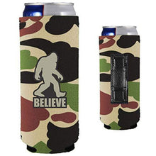 Load image into Gallery viewer, camo magnetic slim can with funny bigfoot believe design
