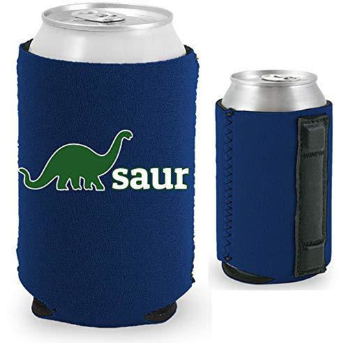 navy blue magnetic can koozie with dino-saur design