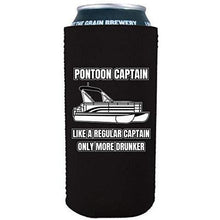 Load image into Gallery viewer, Black 16oz tallboy can koozie with &quot;pontoon captain, like a regular captain only more drunker&quot; funny text design
