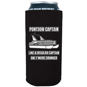 Black 16oz tallboy can koozie with "pontoon captain, like a regular captain only more drunker" funny text design