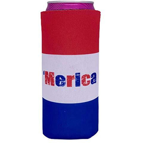 slim can koozie with 'merica text and red white and blue stripes design
